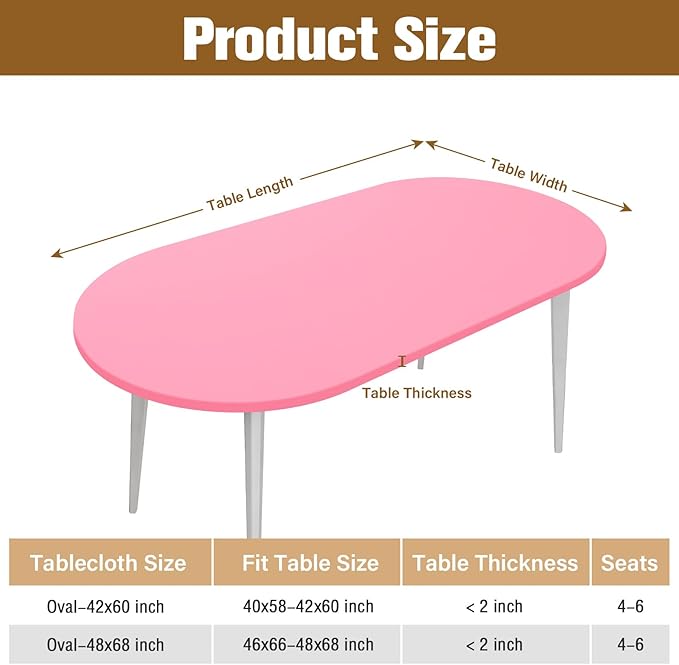 NEWISHER Fitted Oval Tablecloth 42 x 60 Inch Elastic Table Cloth, Stretch Spandex Table Cover Pink Washable Polyester Top Cap Cover for Dining Picnic Camping Indoor and Outdoor