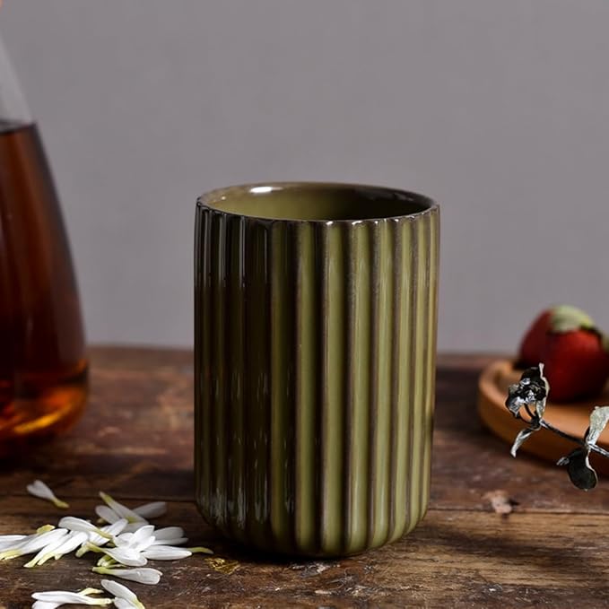 TOPYOKK Stoneware Coffee Bar Utensil Holder Tea & Coffee Spoon & Stirrer Holder for Stir Stick Straw Teaspoon Holder Spoon Cup Small Utensil Jar Fluted Vertical Stripe (Retro Green)