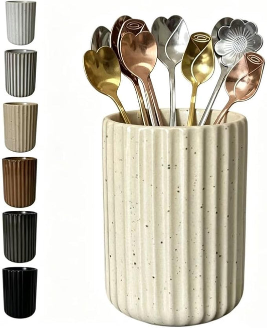 TOPYOKK Stoneware Coffee Bar Utensil Holder Tea & Coffee Spoon & Stirrer Holder for Stir Stick Straw Teaspoon Holder Spoon Cup Small Utensil Jar Fluted Vertical Stripe (Speckled Beige)