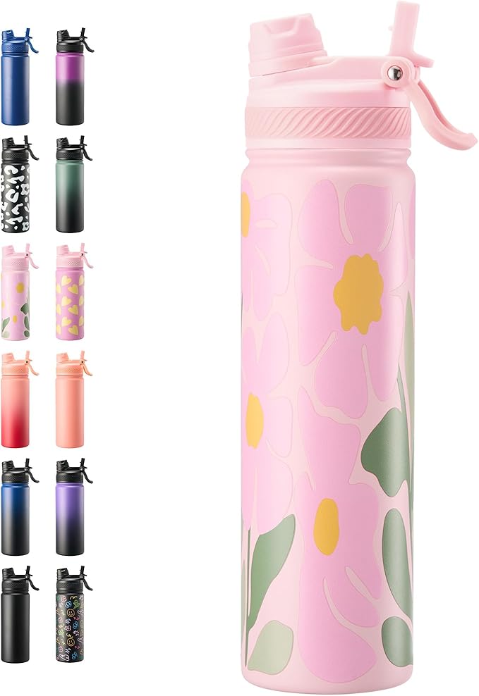 Fijinhom 24 oz Insulated Water Bottle, 2-in-1 Straw and Spout Lid Stainless Steel Thermos, Leak-Proof, Double Wall Vacuum Flask, Keep Cold 24H for Outdoor, Sports, Travel, School (Flower)
