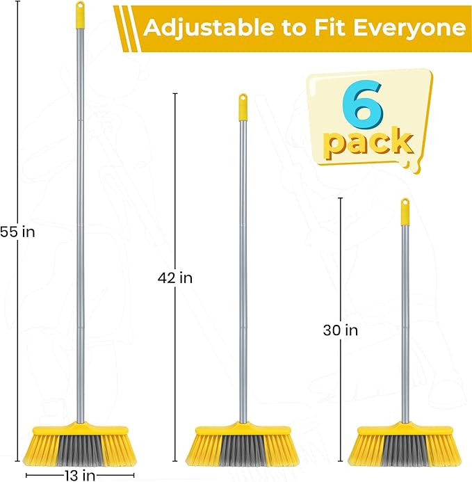 6 Pack Soft Bristle Indoor Brooms with 55" Long Handle, Heavy Duty Sweeping Broom for Hardwood Floors, Tile, Kitchen, Lobby, Office, Garage & Indoor Floor Cleaning