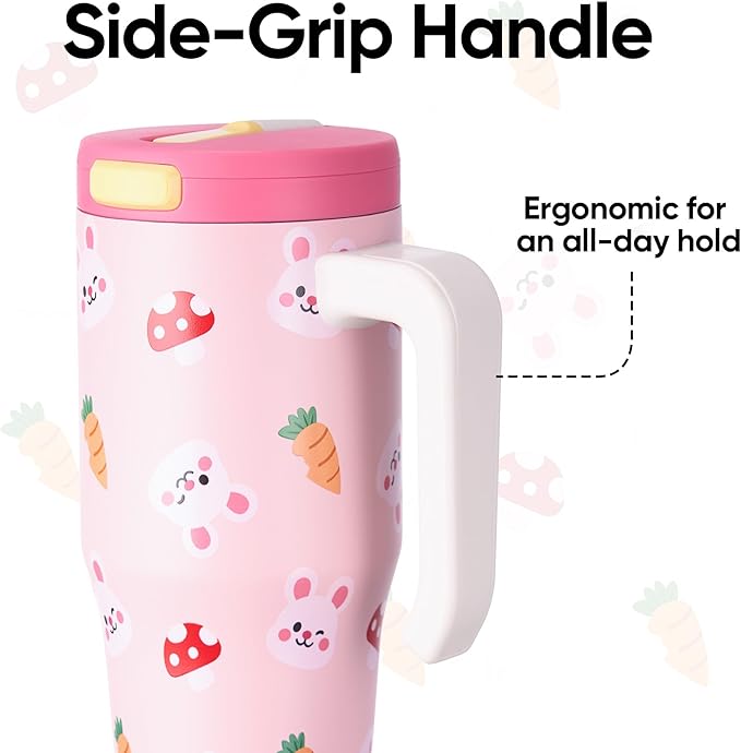 Fijinhom 25 oz Insulated Tumbler with Handle, Stainless Steel Insulated Water Bottle Coffee Mug with Straw, Coffee Cups, Cute Water Bottle for Sports, Travel, Lunch, Pink Bunny