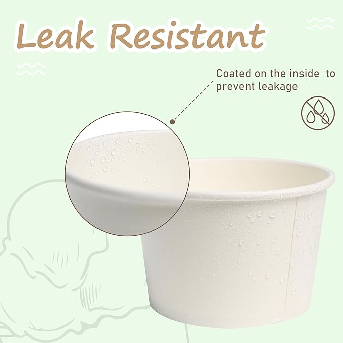 ESSENTIAL Paper Ice Cream Cups with Lids, 50pcs 8oz Disposable Dessert Bowls with Lids for Hot or Cold Food, Paper Snack Containers for Sundae, Frozen Yogurt, Soup (White)