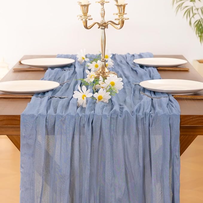 Socomi 3pcs Dusty Blue Summer Cheesecloth Table Runner Boho Rustic Gauze 120 inch 10FT Cheese Cloth Sheer Runner for Wedding Party Baby Shower Birthday Home Decor Holiday Decorations