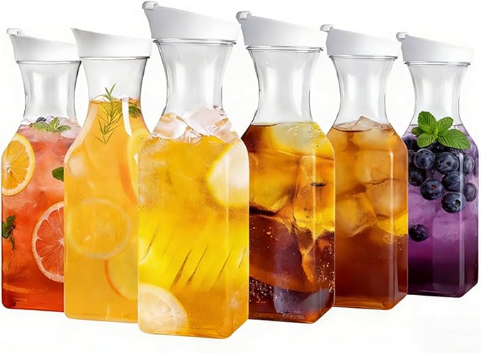 Set Of 6 Plastic Carafe With Lid, 50 Oz Mimosa Bar Supplies, Large Plastic Water Pitcher, Square Base Juice Containers For Party, Milk Container, Beverage Containers For Fridge- HAND WASH ONLY