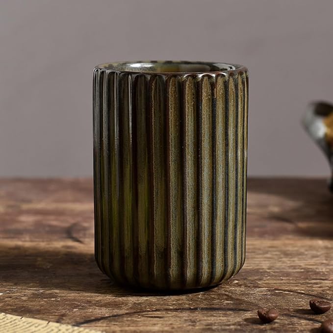 TOPYOKK Stoneware Coffee Bar Utensil Holder Tea & Coffee Spoon & Stirrer Holder for Stir Stick Straw Teaspoon Holder Spoon Cup Small Utensil Jar Fluted Vertical Stripe (Bronze)
