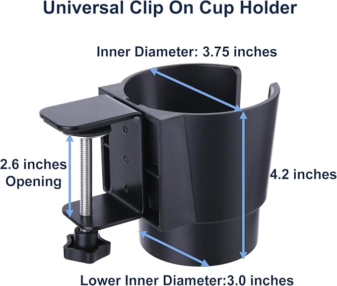 Universal Large Desk Cup Holder Clamp on, Heavy Duty Plastic Drink Holder for Table, Porch Swing, Patio Chair, Clip On Anti-Spill Bottle Holder for Most Cups, Bottles, Cans, Tumbles, Black, Pack of 2
