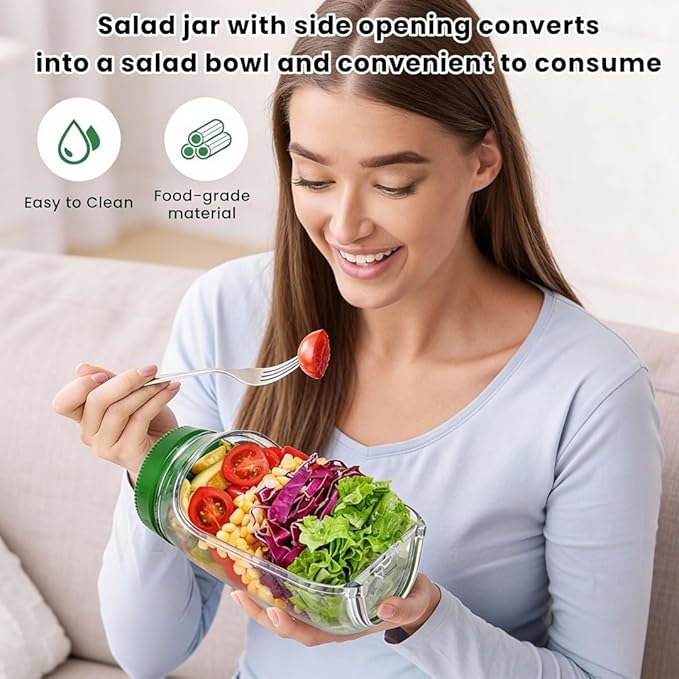 Portable Side Open Salad Jar with Leakproof Dressing Container - Removable Lid Converts to Bowl, Food Grade Reusable, Freezer Dishwasher Safe for Meal Prep Work Travel