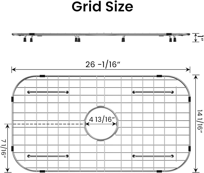 Sink Protector Grid 26-1/16" x 14-1/16", Centered Drain with Corner Radius 3-1/2", 304 Stainless Steel Material (Centered Drain)