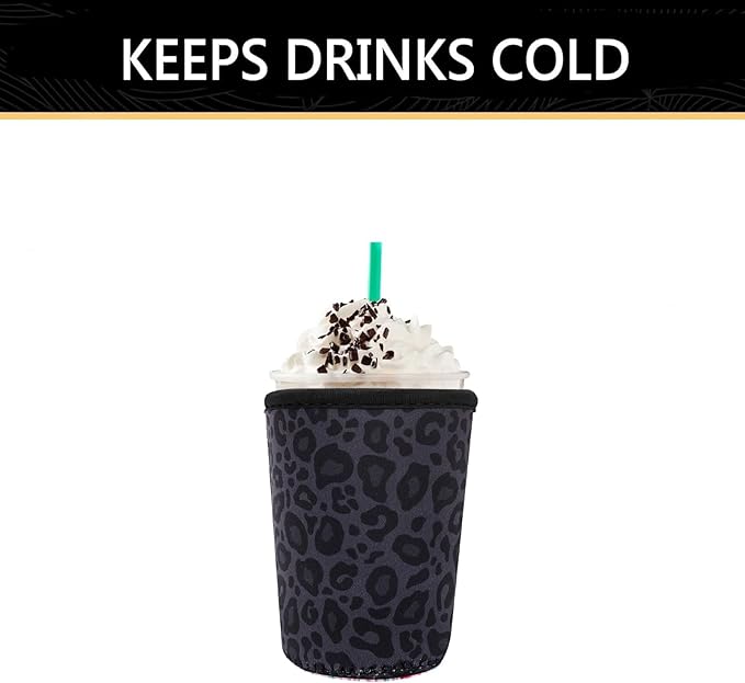 YR Reusable Neoprene Insulator Sleeve for Iced Coffee Cups, 3 Pack Coffee Coolies sleeves for Iced & Hot Drinks, Cold Beverage Cooler Compatible with Starbucks Coffee and More (Black Leopard Print)