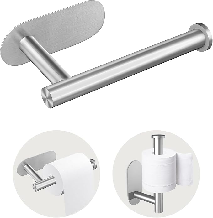 Toilet Paper Holder, Stainless Steel & No Drilling Toilet Paper Holder Wall Mount, Waterproof Self Adhesive Toilet Paper Holders for Bathroom, Kitchen, Washroom（Sliver）