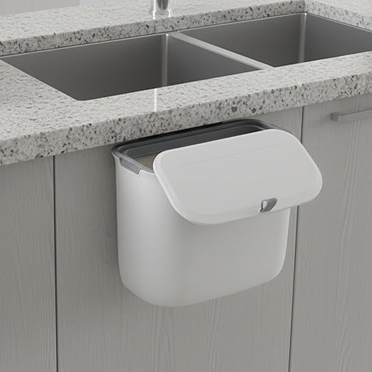 1.9 Gallon Under Counter Sink Waste Bin, Space Saving Hanging Kitchen Compost Bin with Lid Wall-Mounted Plastic Trash Garbage Can for Cabinet Door Cupboard Bathroom Office Home RV (White)