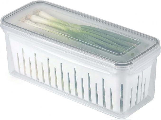 carrotez 12.7 Cup Produce Saver Container for Fridge with White Colander, Airtight Fruit & Vegetable Storage Bin, Removable Strainer Basket, BPA-Free, 3.0L
