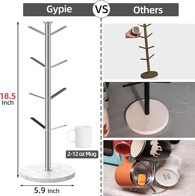 Gypie Marble Mug Holder Tree, 8 Hooks Brushed Nickel Coffee Cups Stand, New Upgraded Stable Mug Stand for Kitchen Counter Cabinet Cafe