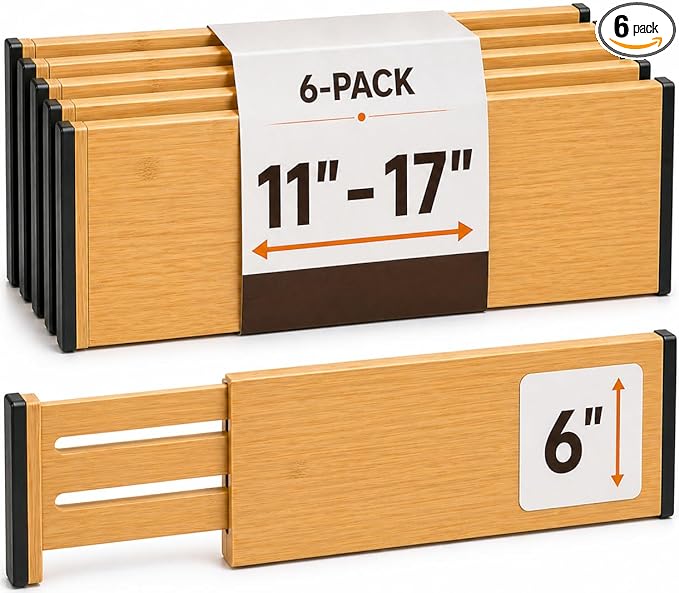 6-Pack Drawer Dividers - 6 Inches High, Adjustable 11 to 17 Inches Bamboo Drawer Organizers, Large Deep Expandable Separators for Clothes, Dresser, Bedroom, Bathroom, Baby , Office, Kitchen Utensils