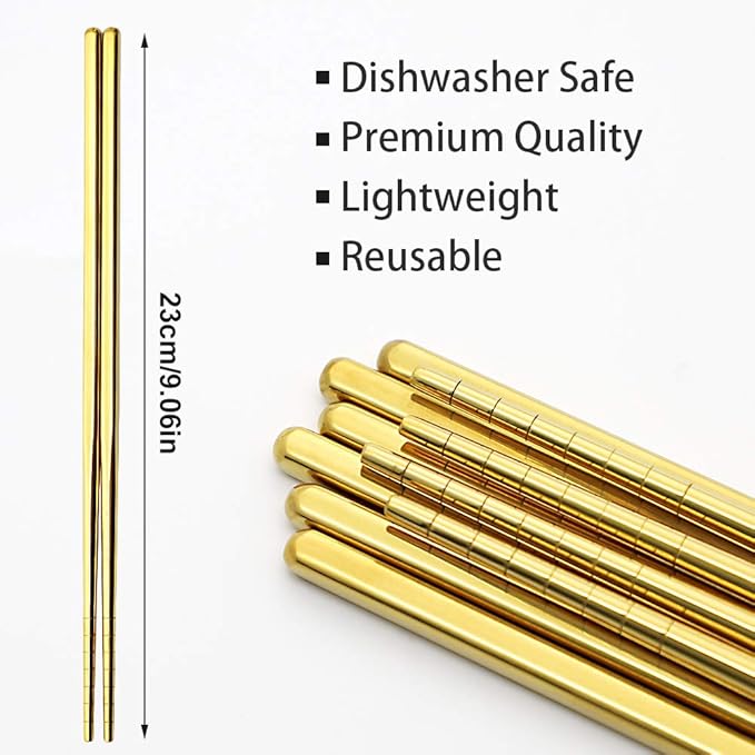 Stainless Steel Chopsticks Reusable Multicolor Lightweight 304 Metal Chopsticks Dishwasher Safe - 5 Pairs (Gold)