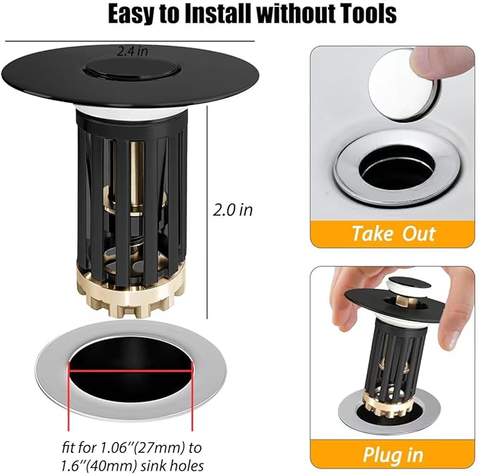 3 in 1 Pop Up Bathroom Sink Stopper, Bathroom Sink Drain Strainer, with Removable Basket Hair Catcher, Universal Sink Plug Cover for 1.06 in to 1.6 in Drain, Matte Black
