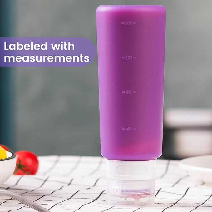 MICEBAY Condiment Squeeze Bottles for Sauces, 6-oz Small Silicone Salad Dressing Container to Go with Snack Storage Bag, Leakproof Sauce Bottles for Lunch Box, 4 Pack, Purple