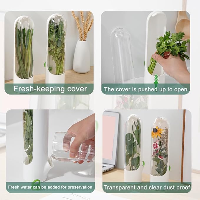 2 Pack Herb Keeper Container for Refrigerator, Clear Storage Bottle Fresh Storage Container for Cilantro Parsley Mint, Fresh Produce Saver, Extends Freshness for 2-3 Weeks