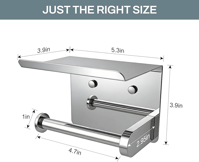 SetSail Toilet Paper Holder with Shelf Adhesive or Screw-in Bathroom Toilet Paper Roll Holders Wall Mount Heavy-Duty Tissue Holder for Bathrooms, Mirror Silver