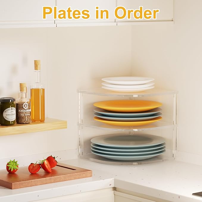 Acrylic Plate Organizer for Cabinet Kitchen Countertop Corner Clear Cabinet Organizer for Paper Plate and Bowl Dishes Pantry Storage Corner Rack Plate Holder for Cabinet Shelf Space Saver