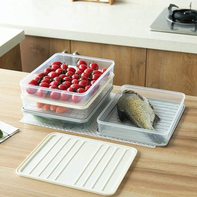 Food Storage Containers 11.02×8.85×1.81" Vegetable Organizer with Lid Clear Fridge Crisper Keep Food Fresh Kitchen Organizer Bins (2 x Large)