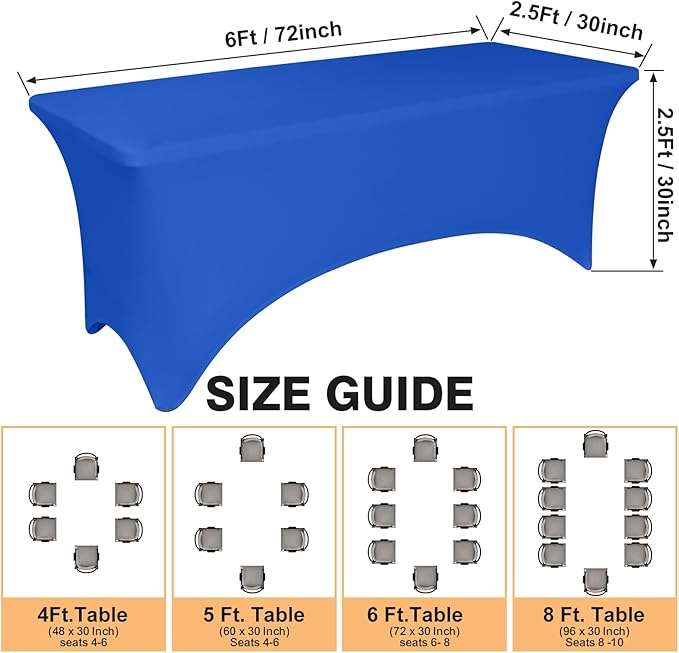 2 Pack 6 Feet Royal Blue Spandex Tablecloth for Rectangular Tables, Fitted & Stretch, Washable, Wrinkle Resistant, Perfect for Event, Wedding, Party, Banquet, Cocktail, Festival, and Table Protector