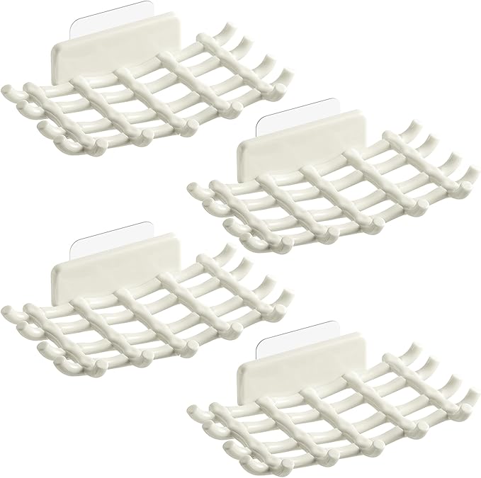 Soap Bar Holder for Shower Wall, Self Draining Soap Dish with Hooks, No Drilling, Bathtub Kitchen Sink Waterproof Adhesive Wall Mounted Dish (4 Pack, White)