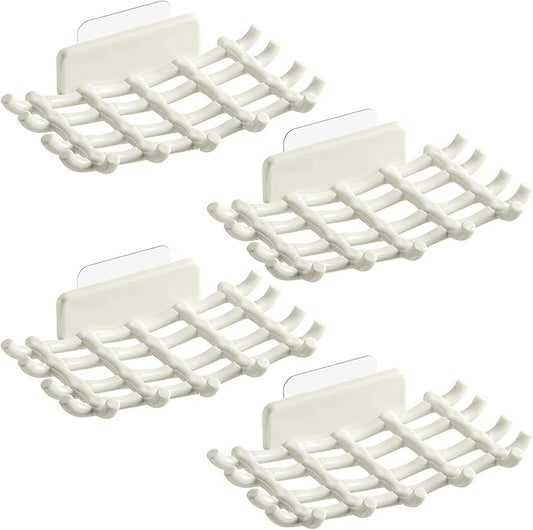 Soap Bar Holder for Shower Wall, Self Draining Soap Dish with Hooks, No Drilling, Bathtub Kitchen Sink Waterproof Adhesive Wall Mounted Dish (4 Pack, White)