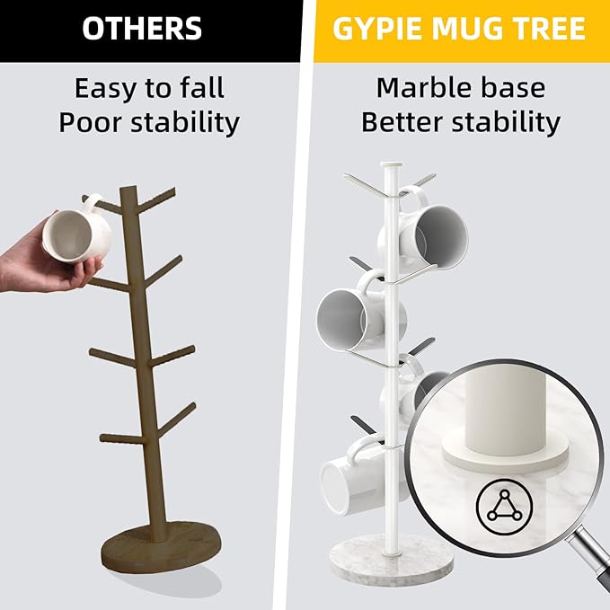 Gypie Mug Holder Tree with Marble Base, 8 Hooks White Coffee Cups Holder Stand, New Upgrad Stable Removable Mug Rack for Kitchen Cafe