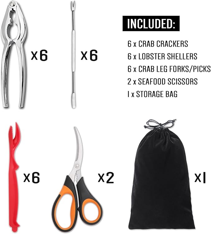 20-Pack Crab Crackers and Tools Set,Seafood Boil Party Supplies Includes 6 Crab Crackers, 6 Lobster Shellers, 6 Crab Leg Forks/Picks and 2 Seafood Scissors & Black Storage Bag - Nut Cracker Set