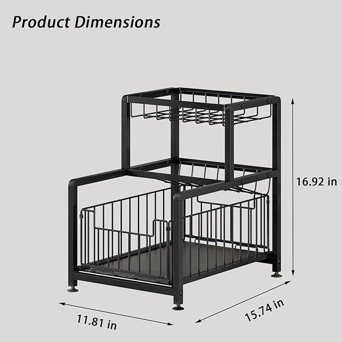 Under Sink Organizer 3 Tier Pull Out Cabinet Organizer with Drawer, Slip-Resistant Kitchen & Bathroom Storage Shelf, Slide Out Spice Rack Organizer Seasoning Holder with Utility Ware Holder (Black)