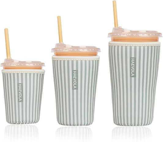 Reusable Insulated Neoprene Iced Coffee Cup Sleeve, Durable Drink Sleeve for Cold Beverages, Beverage Holder for Iced Coffee, Green Stripes