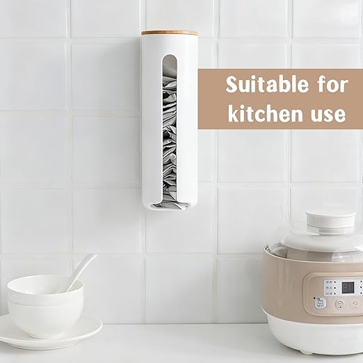 Grocery Bag Holder Wall for Plastic Bag,Mounted with Wood Lid - Plastic Bag Holder with Suction Cup for Kitchen