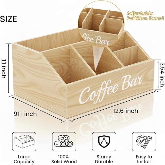 Coffee Station Organizer for Countertop – Wooden Coffee Bar Organizer with Adjustable Dividers,Holds K Cup Pod & syrup bottles, for Kitchen, Office, or Bar and Tea Station, Wood Color