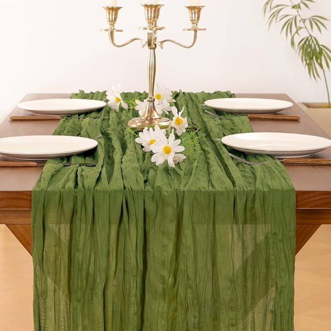 Socomi 6pcs Campsite Green Summer Cheesecloth Table Runner Boho Rustic Gauze 120 inch 10FT Cheese Cloth Sheer Runner for Wedding Party Baby Shower Birthday Home Decor Holiday Decorations
