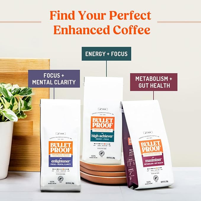 Bulletproof Enlightener Ground Coffee, Enhanced Coffee with L-Theanine, Panax Ginseng and Gingko Biloba, Supports Mental Clarity, Focus, and Memory, Medium-Dark Roast, 10 oz