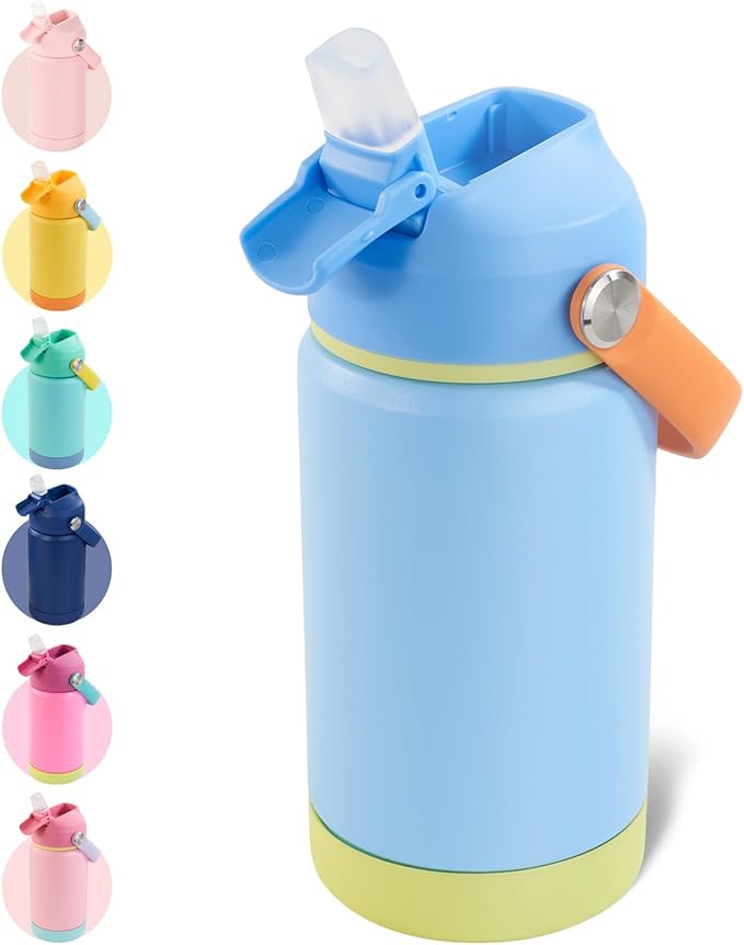 Kerilyn 12oz Kids Water Bottle, Stainless Steel Insulated Water Bottle for Kids, Toddler Cup with Straws Leak-Proof, Kids Water Bottles for School Boys Girls, BPA Free, Sky