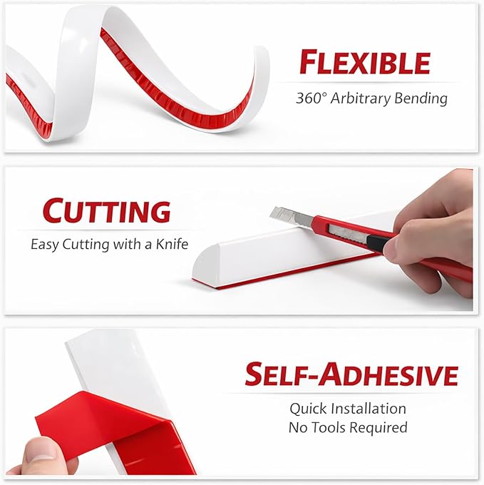 0.25" x 0.25" Slim Quarter Round Molding,20FT Self Adhesive Flexible Trim for Small Gaps, Countertop Wall Seam, Window Sill, Desk & Cabinet Edge, Peel and Stick Finishing Strip