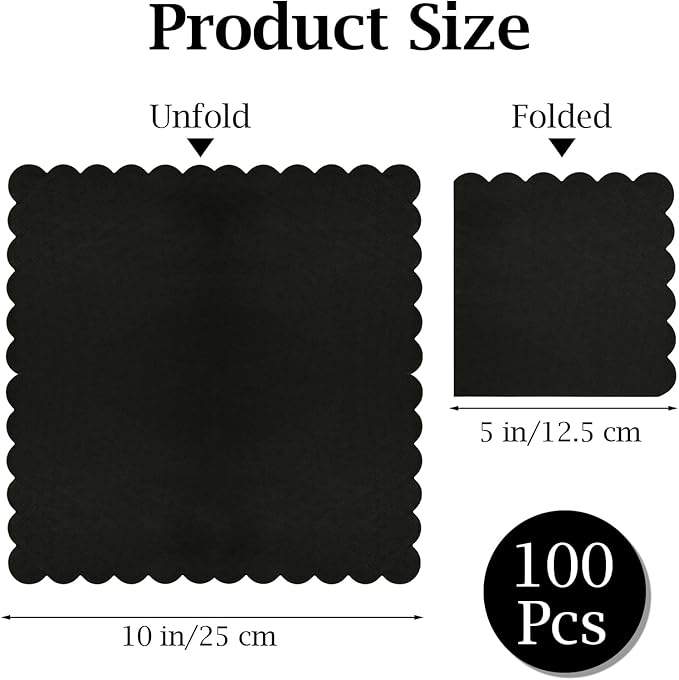 100 Pcs Cocktail Napkins, 2-Ply 5 x 5 Inches Disposable Scalloped Napkins, Thick Premium Dessert Napkins for Party, Wedding, Dinner, Birthday, Anniversary, Festival (Black)
