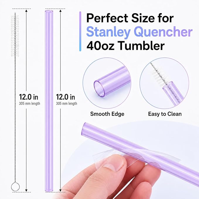 Joshey 12 Inch Tritan Replacement Straws for Stanley 40oz Tumbler - 6 Pack Reusable Long Straws with Cleaning Brush, Fits 30oz & 40oz Stanley Cup Accessories, BPA-Free (Purple)