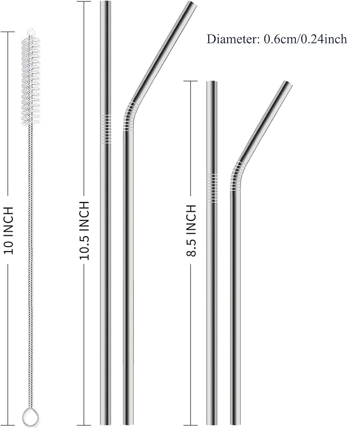 12 Pack of Reusable Stainless Steel Metal Straws, 3 Straight + 3 Bent 10.5 Inch and 3 Straight + 3 Bent 8.5 Inch Metal Straws with 2 Cleaning Brushes for 20 24 30 oz Tumbler Dishwasher Safef