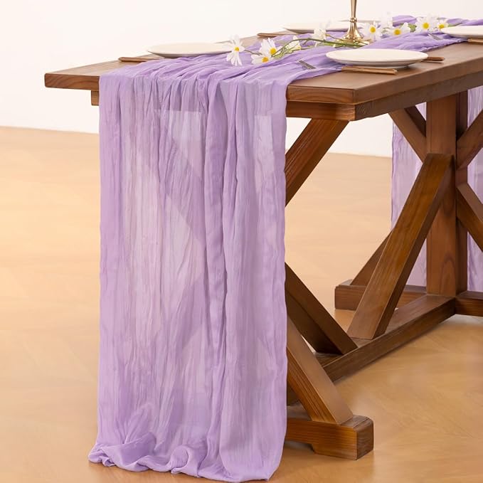Socomi 2pcs Lilac Purple Lavender Cheesecloth Table Runner Summer Boho Rustic Gauze 120 inch 10FT Cheese Cloth Sheer Runner for Wedding Party Baby Shower Birthday Home Decor Holiday Decorations