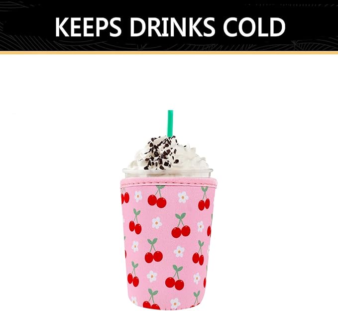 YR Reusable Neoprene Insulator Sleeve for Iced Coffee Cups, 3 Pack Coffee Coolies sleeves for Iced & Hot Drinks, Cold Beverage Cooler Compatible with Starbucks Coffee and More (Cute Cherry)