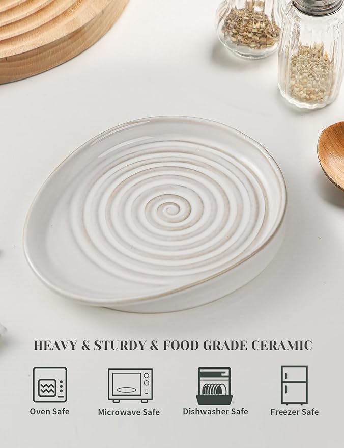 Ceramic Spoon Rest for Stove Top, Spoon Holder for Kitchen Counter, Farmhouse Cooking Utensil Holder for Spoons, Ladles, Spatula, Glazed White