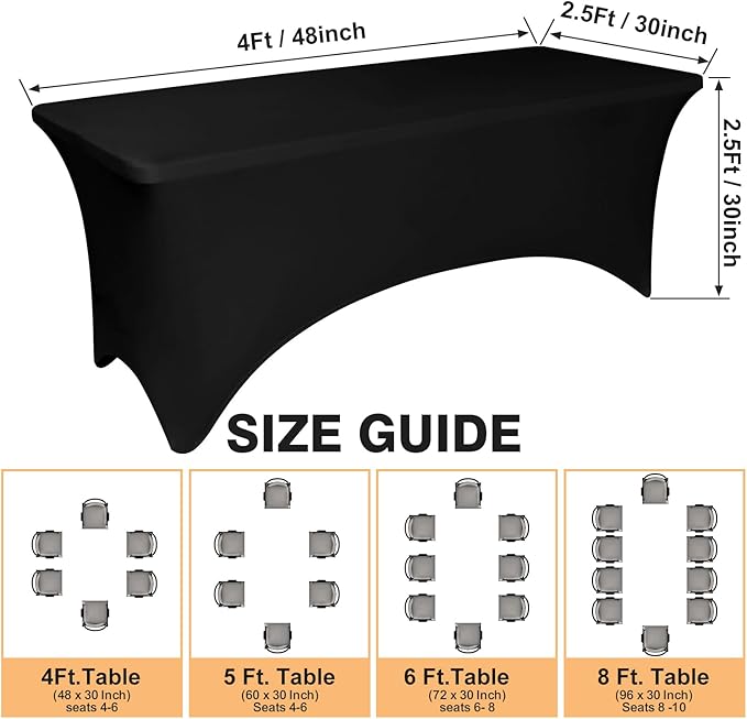 2 Pack 4 Feet Black Spandex Tablecloth for Rectangular Tables, Fitted & Stretch, Washable, Wrinkle Resistant, Perfect for Event, Wedding, Party, Banquet, Cocktail, Festival, and Table Protector