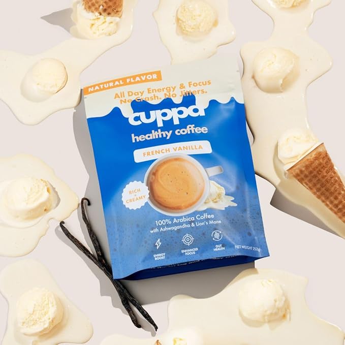 Cuppa French Vanilla Coffee - Great tasting medium roast with mushrooms, adaptogens & superfoods - Lion's Mane, Ashwagandha, Cordyceps, MCT, Prebiotic Fiber & L-Theanine. Supports natural energy & better mental focus, overall well-being + a happier gut...