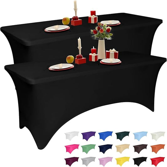 2 Pack 4 Feet Black Spandex Tablecloth for Rectangular Tables, Fitted & Stretch, Washable, Wrinkle Resistant, Perfect for Event, Wedding, Party, Banquet, Cocktail, Festival, and Table Protector