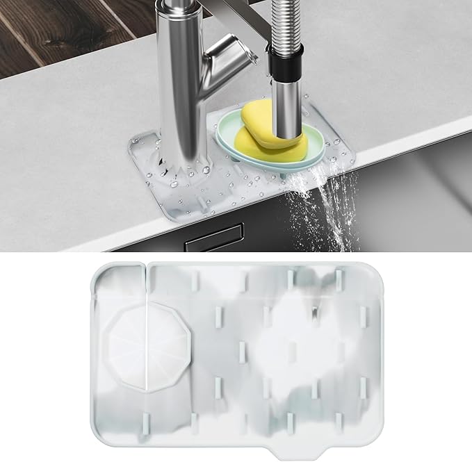 Sink Faucet Splash Guard Mat Silicone Soap Dish Pad Faucet Handle Drip Catch Sponge Holder Sink Protector Trays for Bathroom Kitchen Countertop Gadgets Accessories 8.3 x 5.7 Inch (Marble)