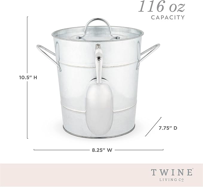Twine Insulated Ice Bucket with Lid, Scoop & Handles for Beer, Wine, Champagne, Beverages, 1 Gal Galvanized Metal Bucket, Steel Ice Container for BBQs, Indoor & Outdoor Party Supplies, Bar Accessories